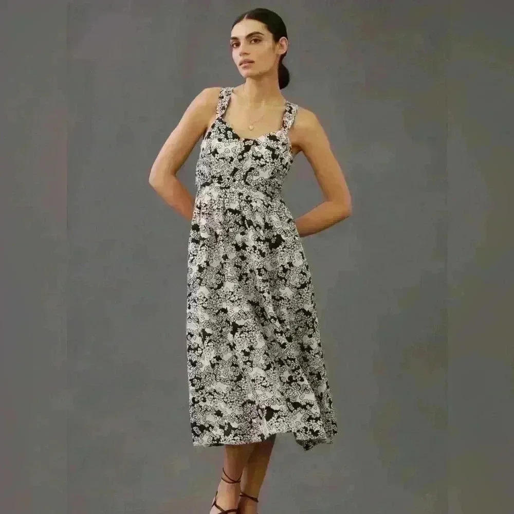 Nwt Anthropologie black floral cut out dress midi XSMALL PETITE
